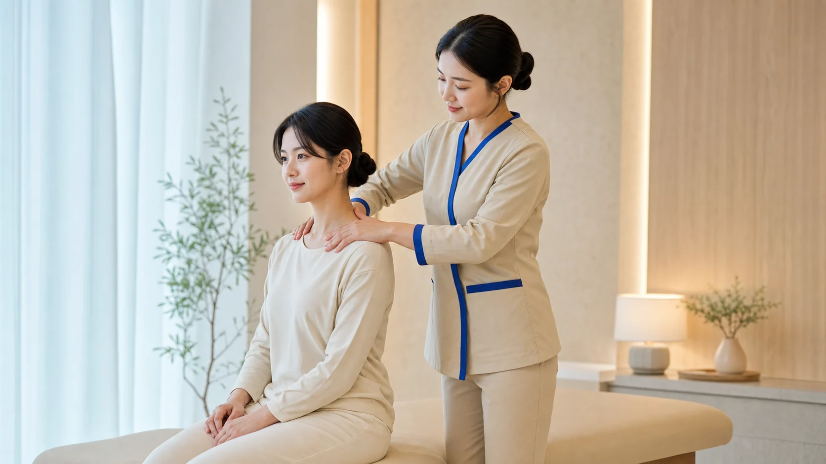 전문복을 완전 착의한 20대 한국인 성인 여성 마사지사가 긴소매와 긴 바지를 입은 20대 한국인 성인 여성 고객에게 비선정적 어깨 관리를 제공하는 모습
